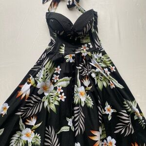 Black Floral Halter Midi Dress with Tropical Print